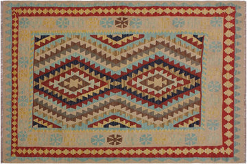 Flat Weave Kilim, Antique, Navaho, Vintage, Handmade, Geometric Kilim Tan Blue Hand-Woven Rectangle 100% Wool Area Rug 4 x 6